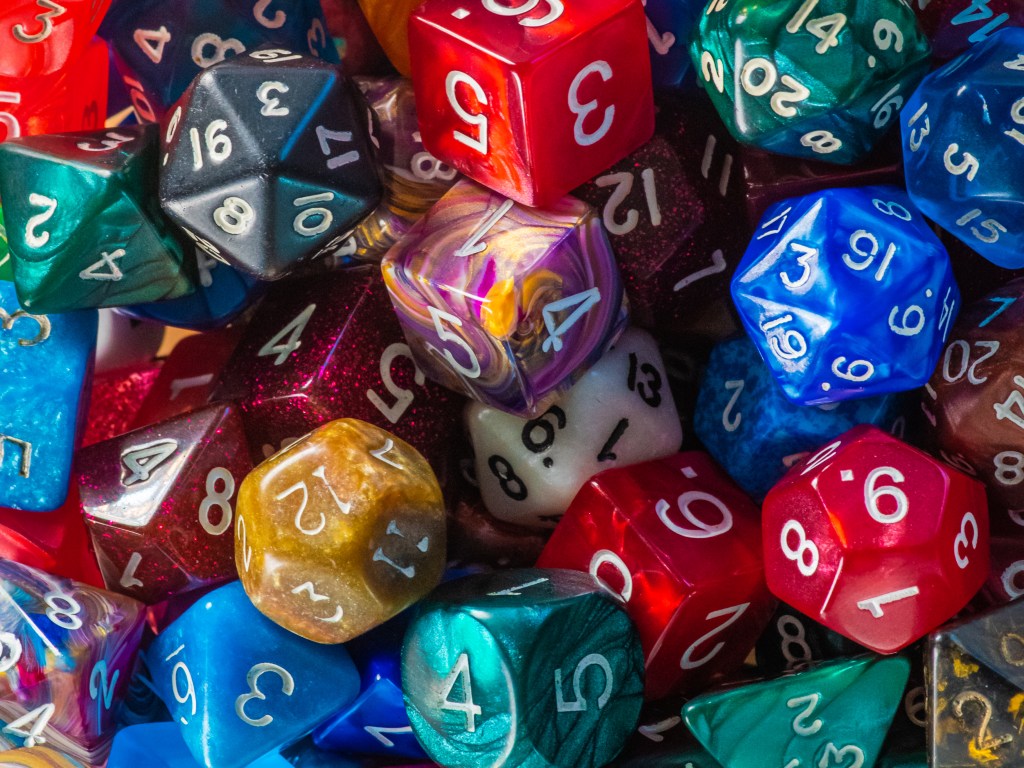 Close-up of a colorful collection of RPG dice.