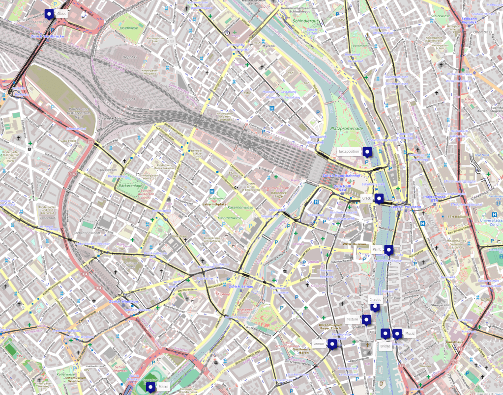 Map of Zürich with ten pins indicating picture locations