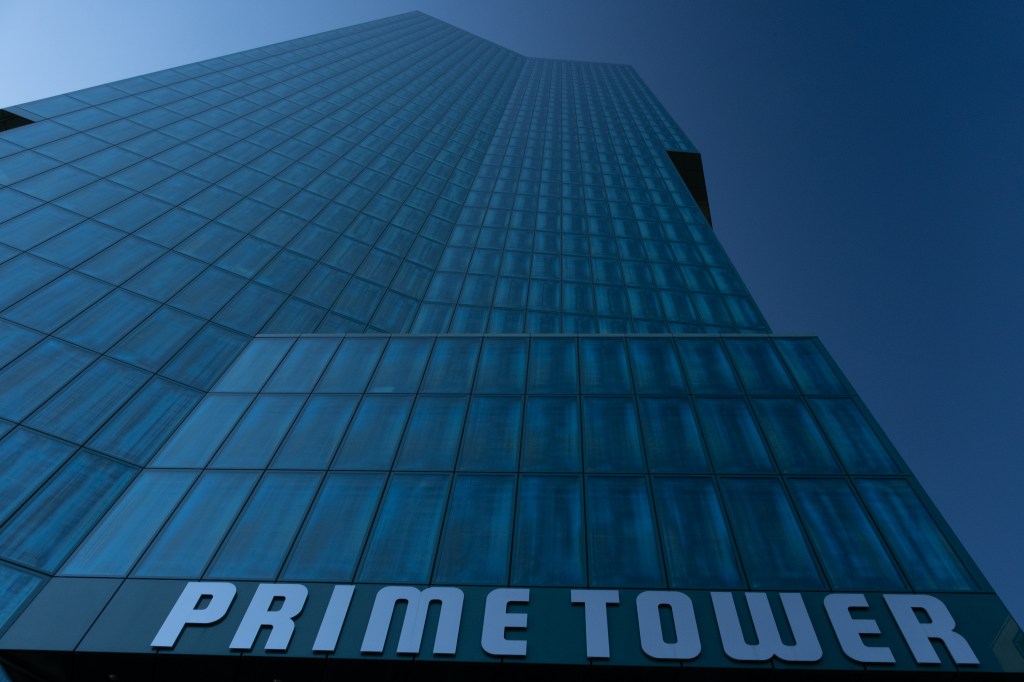 Prime Tower, as seen from its main entrance, looking up.