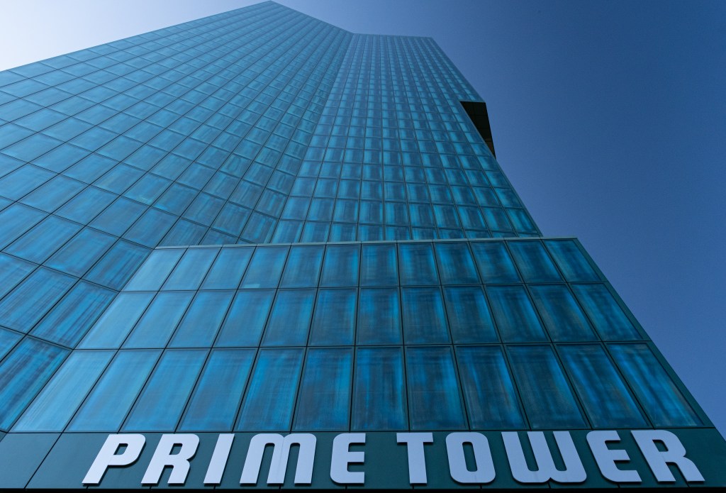 Prime Tower, as seen from its main entrance, looking up.