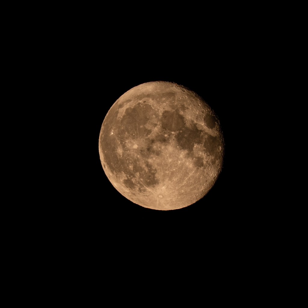 Picture of an almost full moon in the middle of a dark sky.