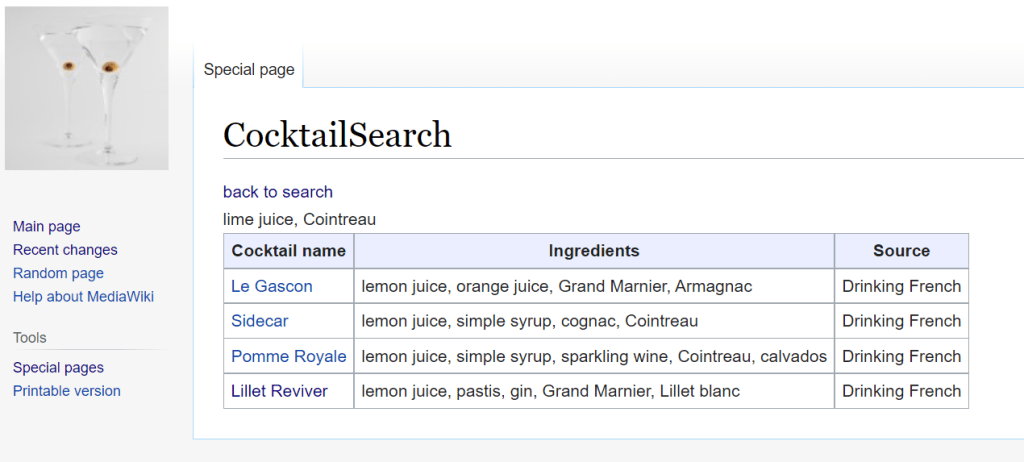 Screenshot of a Mediawiki interface showing the CocktailSearch extension, displaying results for a search for lime juice and Cointreau.