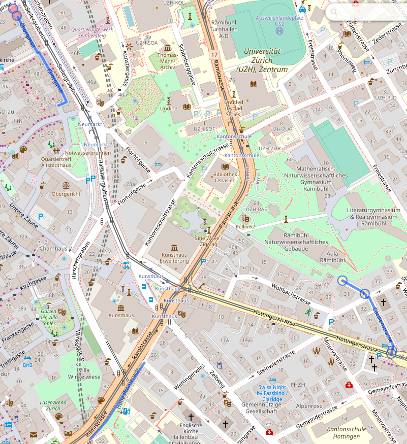 Section of a map of the center of Zürich with Cäcilienstrasse, Caroline-Farner-Weg and Chorgasse highlighted in blue