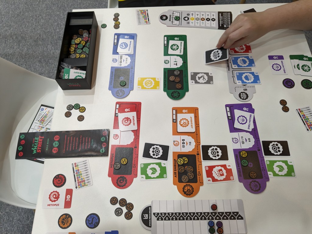 Whale street: small company boards with cards and money tokens; price ladder.