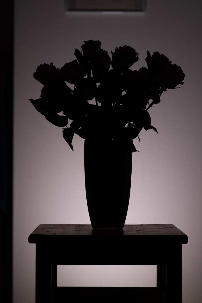 A silhouette of a rose bouquet on a wooden stool, also showing a bit of the "outside" context (the end of a back wall, a frame on the wall).