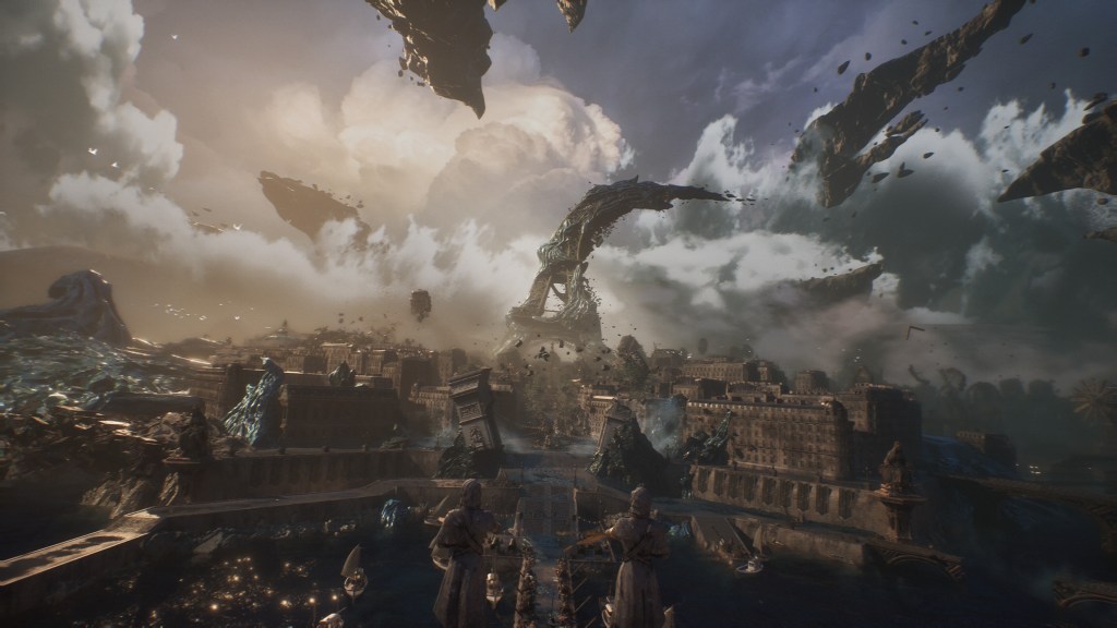 A screenshot of a rendered Paris-inspired landscape, with the Eiffel Tower's top twisted towards the right and dark rocks floating in the sky